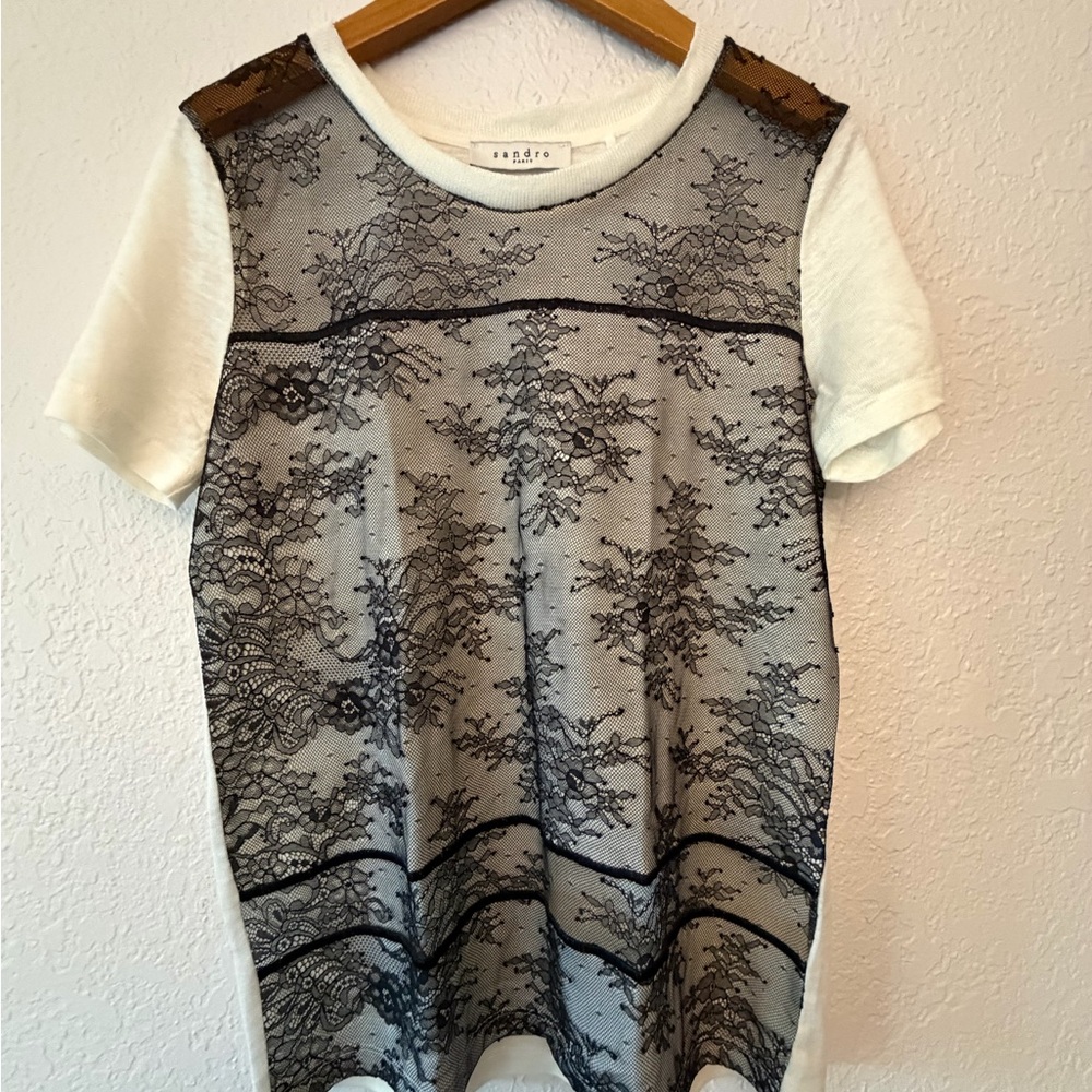 Sandro Short Sleeve Top with Black Lace Overlay